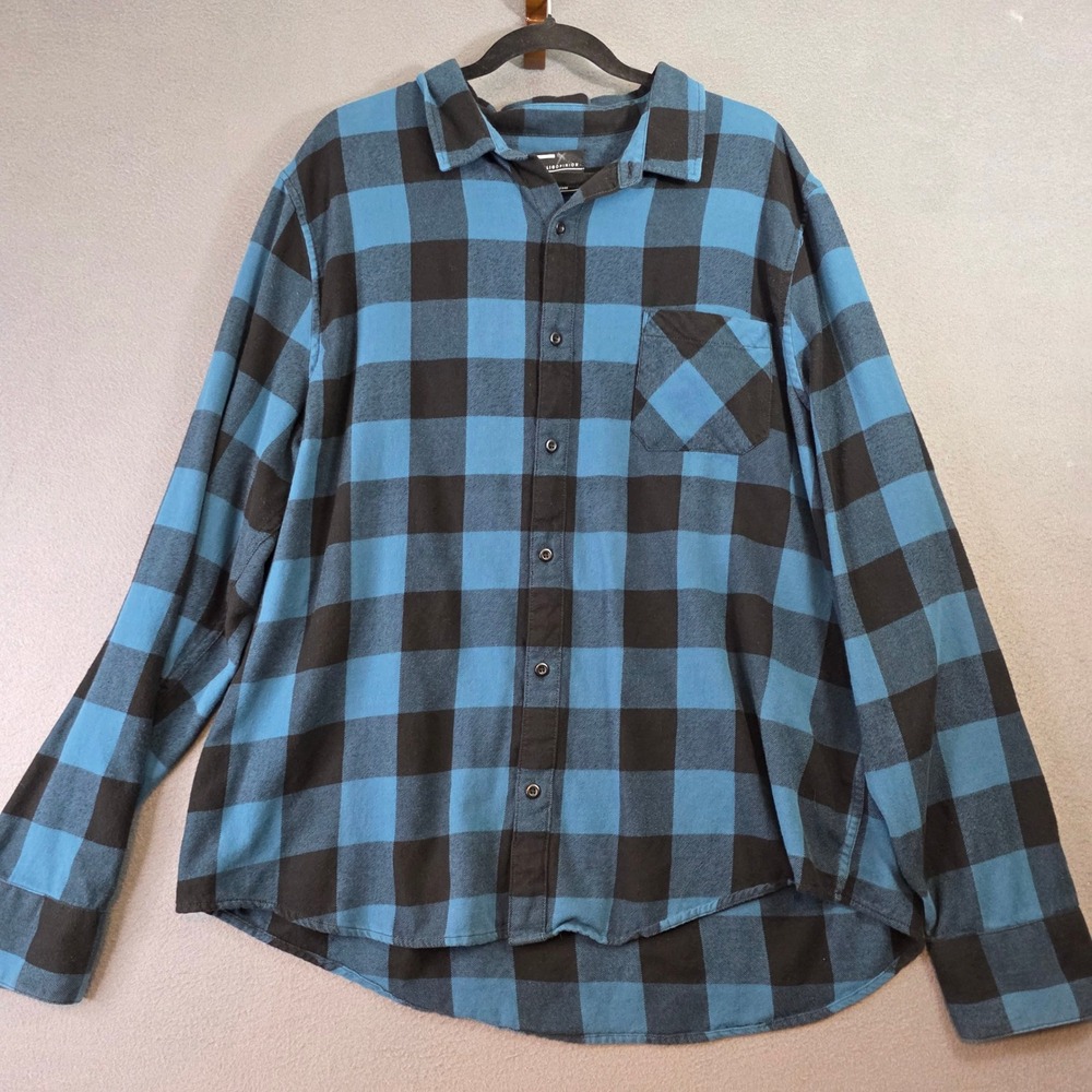 Public Opinion Mens Blue Black Buffalo Plaid Flannel Button Up Long Sleeve 2XL